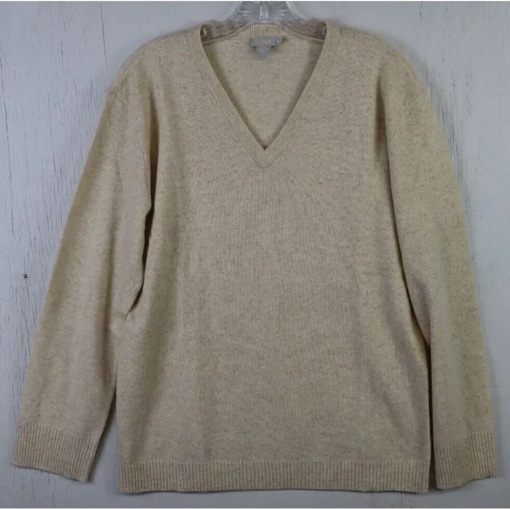 Mens J. Crew V Neck Sweater Long Sleeve Lambswool Size M Light Brown Beige‎ Wool